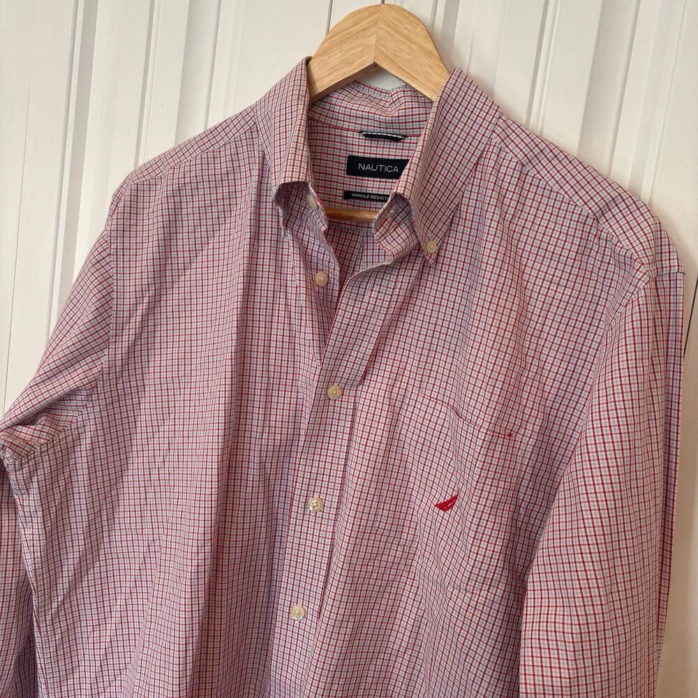 Nautica Red‎ Plaid Button Down Shirt Size Large